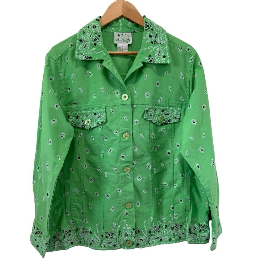 The Quacker‎ Factory Lime Green Denim Bandana Paisley Beaded Jacket Sz L Western